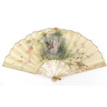 19th century Silk Brise fan with mother of pearl guards, hand painted with a courting couple in a
