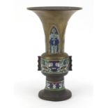 Chinese cloisonne enamel Gu vase with twin handles, 30cm high :For Further Condition Reports