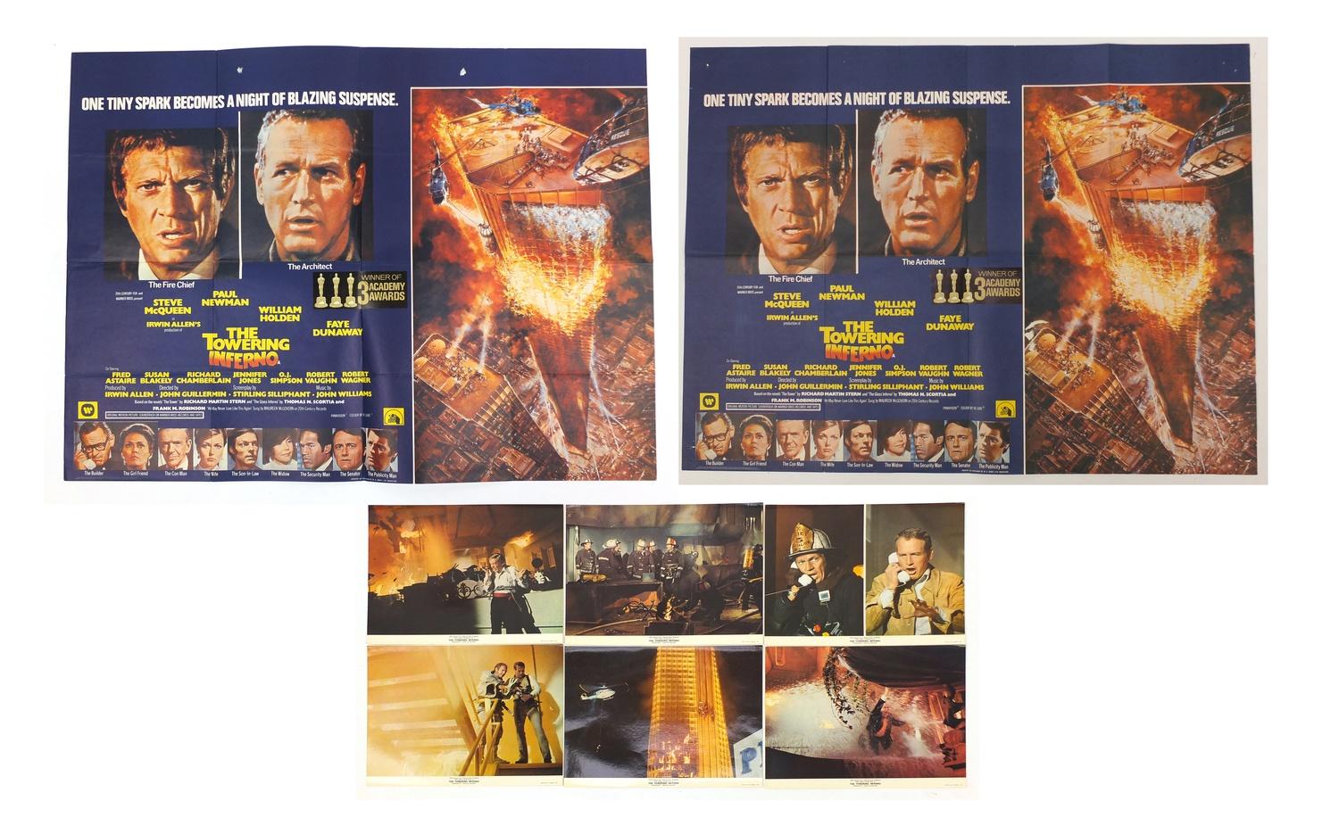 Two vintage The Towering Inferno UK quad film posters and six Warner Bros stills, the posters