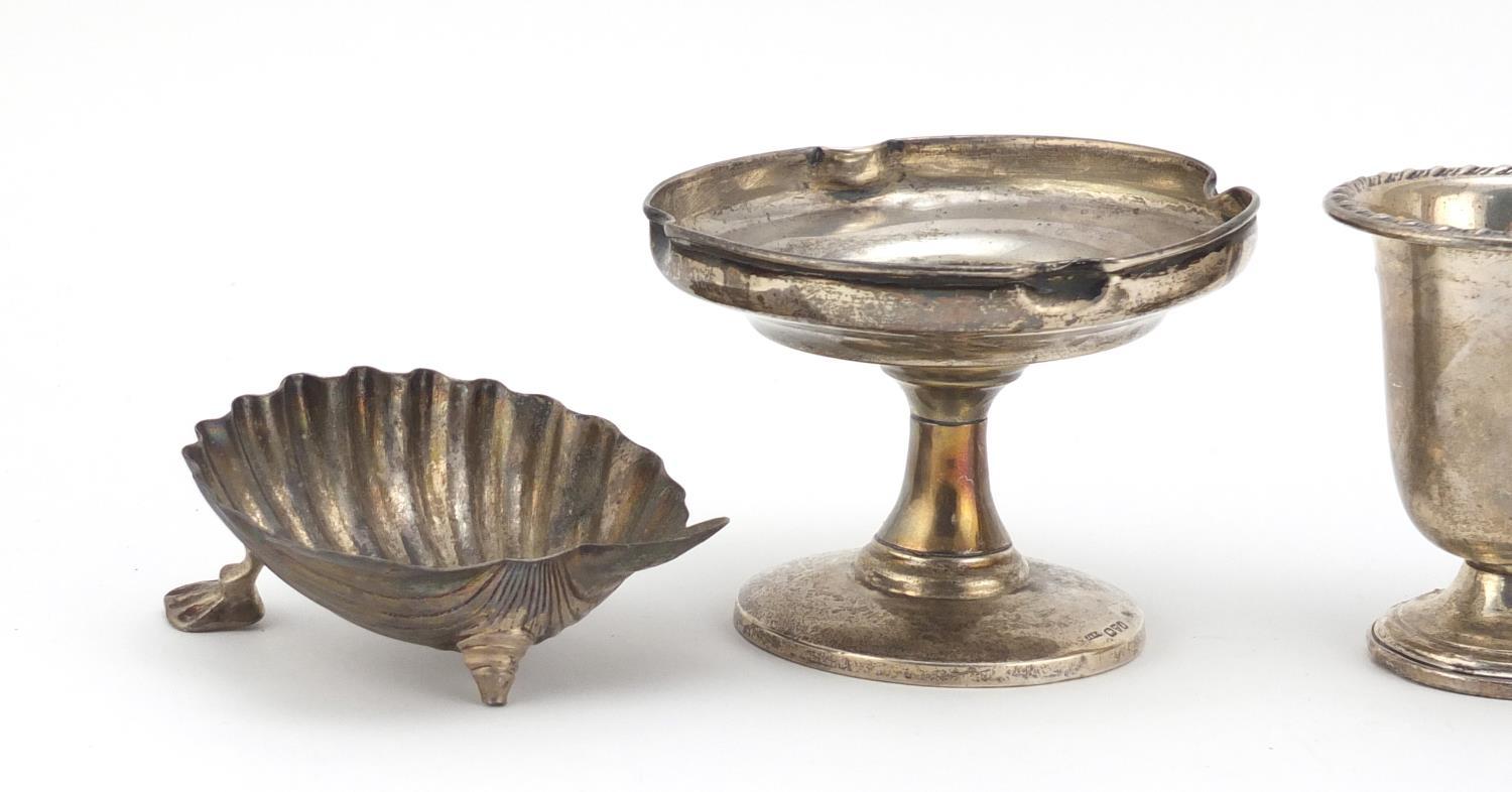 Silver items comprising two vases, a pedestal bonbon dish and a Victorian shell shaped open salt, - Image 6 of 12