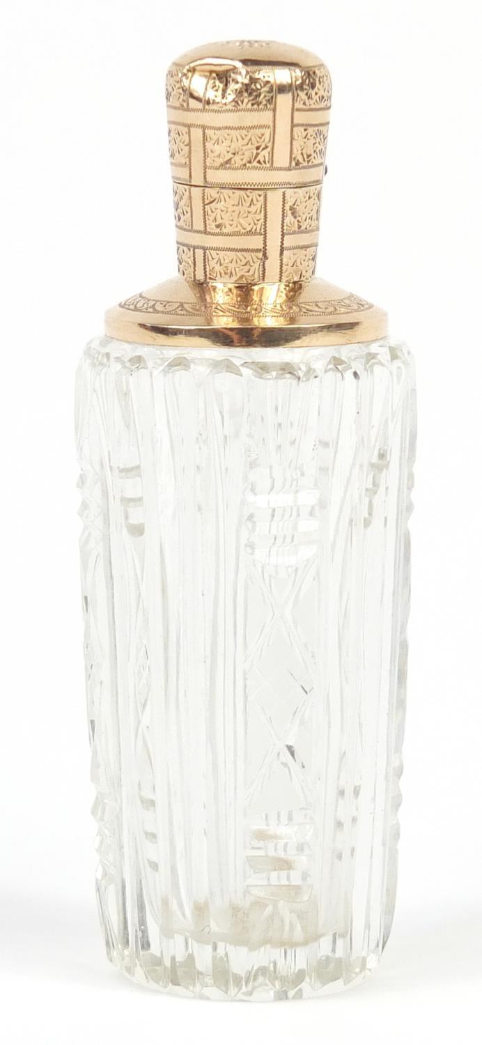 Dutch cut glass scent bottle with 14K gold mounts engraved with flowers, impressed oak leaf to the