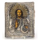 Hand painted Russian orthodox icon with silver plated mounts, 18.5cm x 15cm :For Further Condition