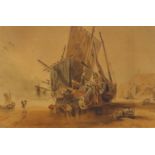 John Sell Cotman - Mending the Nets, 19th century Norwich School watercolour, mounted and framed,