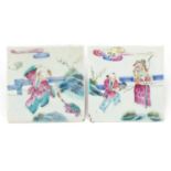 Pair of Chinese porcelain tiles, each hand painted in the famille Rose palette with figures in a