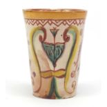 William De Morgan style pottery beaker by Farini hand painted with stylised flowers, 9.5cm high :For