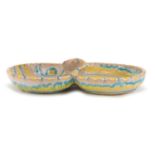 Italian pottery twin sweat meat dish by Guido Gambone, having a blue and yellow painted abstract