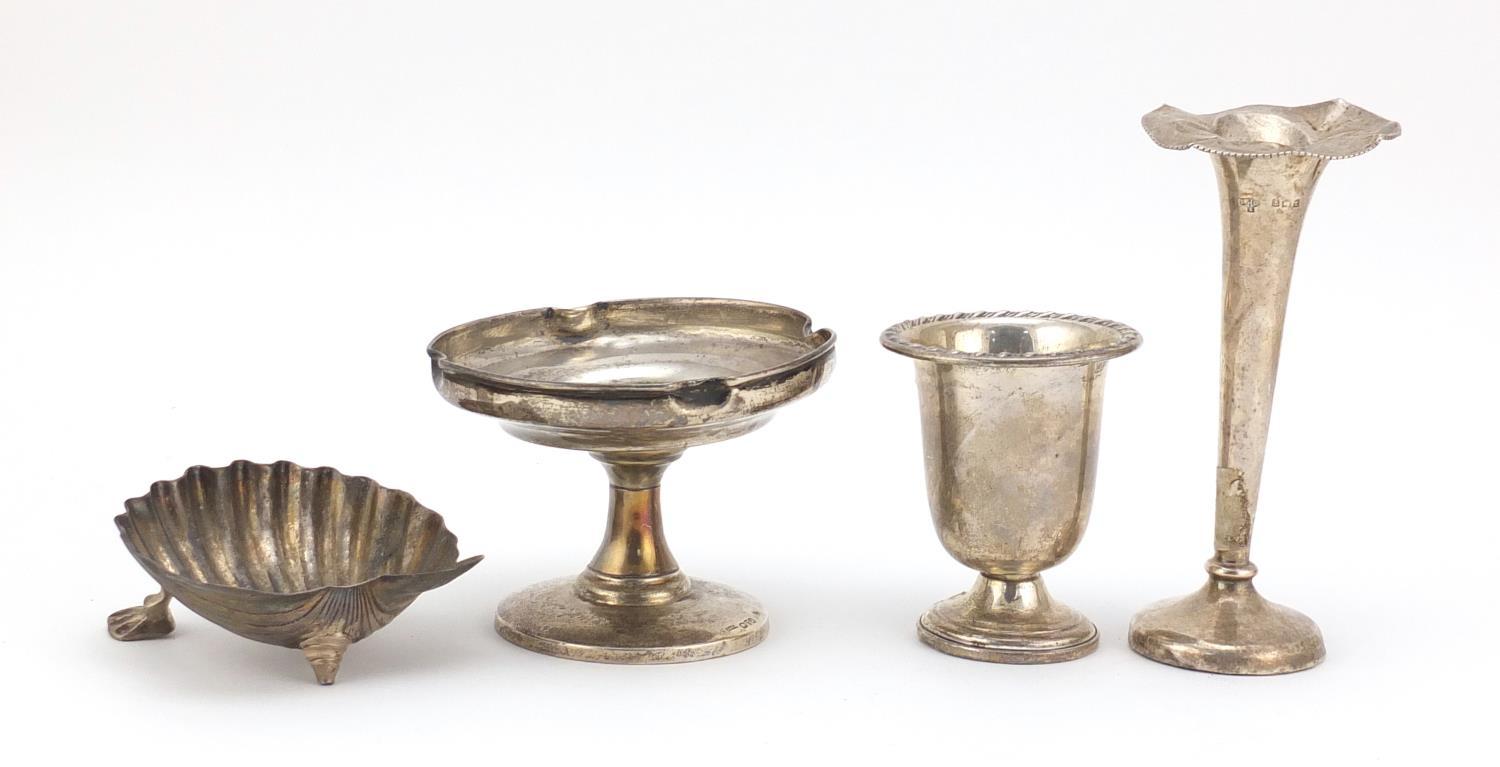 Silver items comprising two vases, a pedestal bonbon dish and a Victorian shell shaped open salt, - Image 5 of 12