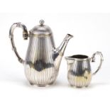 French silver plated fluted teapot and milk jug by Christofle, the largest 22cm high :For Further