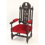 Oak barley twist throne chair carved with berries on vines, 132cm high :For Further Condition