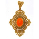 Good Italian unmarked gold pendant (tests as 21ct), the Intaglio carnelian seal carved with