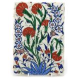 Iznik pottery tile hand painted with flowers, 24.5cm x 17cm :For Further Condition Reports Please