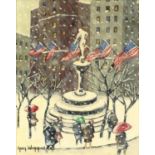 After Guy Wiggins - At the Plaza, winter, American school oil on board, inscribed verso, framed,