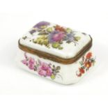 Antique continental porcelain trinket box, hand painted with flowers, blue cross sword marks to