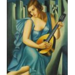 Manner of Tamara de Lempicka - Art Deco female playing an instrument before buildings, oil on canvas