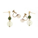 Pair of 9ct gold simulated pearl earrings and a pair of green stone earrings, 5.2g :For Further