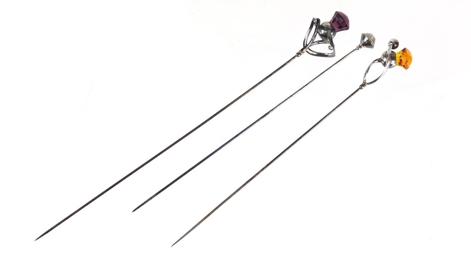 Three Art Nouveau silver hat pins by Charles Horner, the amethyst example Chester 1912, the - Image 6 of 6