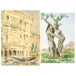 W E Richardson - Dance of the Olives and Venice, two Australian watercolours, mounted and framed,