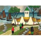 Manner of Markey Robinson - Figures before cottages and water, Irish school oil on board, framed