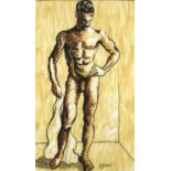 After Duncan Grant - Portrait of a standing nude artist's model, heightened watercolour, framed,
