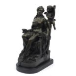 Large patinated bronze sculpture of a nude female in a throne with putti holding a mirror, raised on