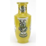 Chinese porcelain Rouleau vase, hand painted in the famille verte palette with vases onto a yellow