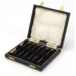Set of six silver and enamel cockerel design cocktail sticks, Birmingham 1957, 7.5cm in length :