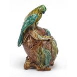 Victorian Majolica bird design pot and cover, 18cm high :For Further Condition Reports Please