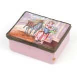 18th century Bilston enamel trinket box with hinged lid, hand painted with a female and donkey,