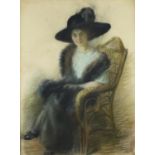 Germaine Sassier - Portrait of a seated lady, early 20th century pastel, framed, 64cm x 48.5cm :