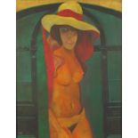 Manner of Dod Proctor - Standing nude female, oil on canvas, framed, 91cm x 69cm :For Further