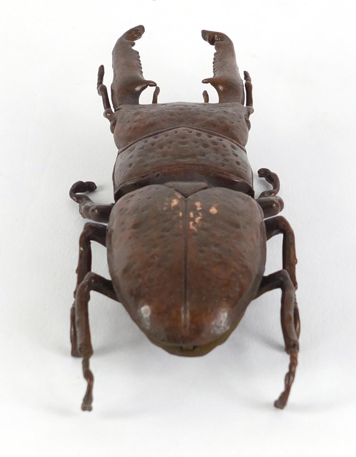 Japanese patinated bronze stag beetle, impressed marks to the underside, 13.5cm in length :For - Image 3 of 7