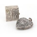 Silver love heart shaped scent bottle and rectangular silver pill box, the scent bottle 5cm high,