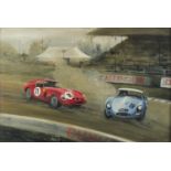 G A Pookson '63 - 1960's Jaguar racing cars on motor circuit, watercolour and gouache, 74cm x