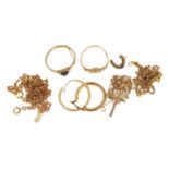 9ct gold jewellery comprising three necklaces, two rings, a cross pendant and two earrings, 12.0g :