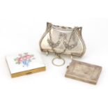Rectangular silver compact, silver plated coin purse and one other compact :For Further Condition