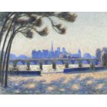 Norman Lloyd - Bridge over water before a city, Australian school pastel, mounted and framed, 61.5cm