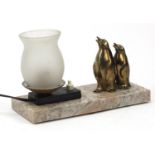 French Art Deco marble penguin design table lamp with glass shade, 22cm wide :For Further