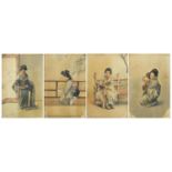 Miss Masu - Geisha girls, set of four Japanese watercolours, framed, each 46cm x 30cm :For Further