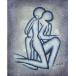 Abstract composition embracing couple, oil onto canvas, mounted and framed, 61cm x 50cm :For Further