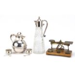 Miscellaneous items including a pair of silver salts, postage scales and claret jug with silver
