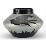 Art Deco Artver black and silvered cameo glass vase decorated with swifts, etched mark to the