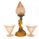 Art Deco glassware comprising an amber nude maiden table lamp with torch shade and a pair of