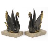 Pair of French Art Deco swan design bookends with marble bases, each 14.5cm high :For Further