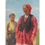Mordovian woman and boy, 1950's Russian school, oil on board, details verso, mounted and framed,
