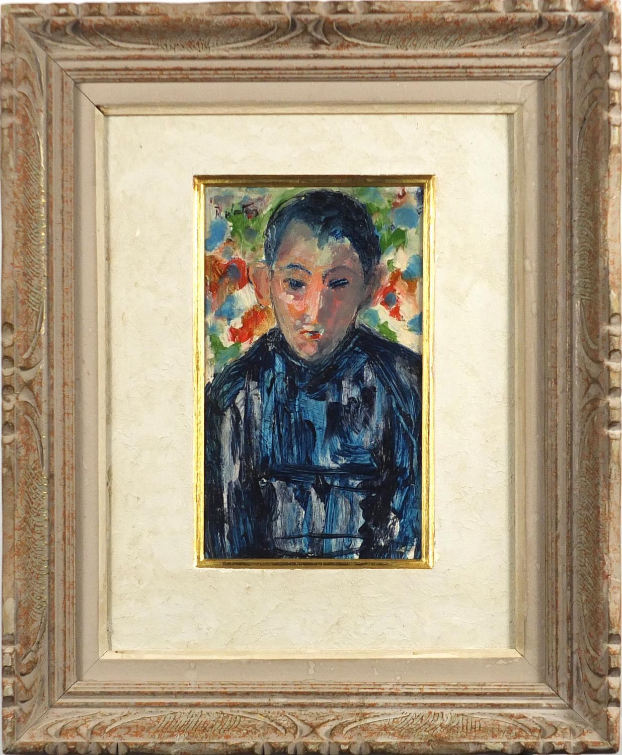 Manner of R Watts - Head and shoulders portrait of a boy, oil on board, mounted and framed, 23cm x - Image 2 of 4