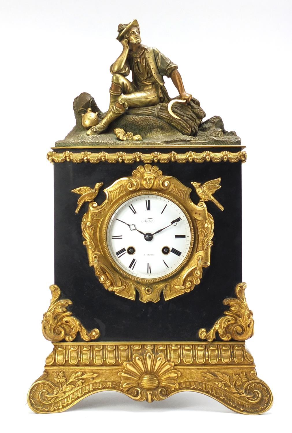 19th century French Ormalu and black slate figural shelf clock with silk suspension by Pickard, - Image 2 of 10