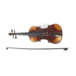Old wooden violin with bow and case, the violin bearing a Stradivarius paper label, the violin