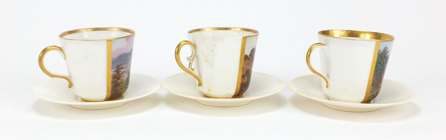 Three 19th Century continental porcelain cabinet cups and saucers, each cup finely hand painted with - Image 6 of 7