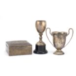 Two silver trophies and a square silver cigarette box with hinged lid, London, Birmingham and