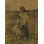 Edwin Sherwood Calvert - Figure and sheep in a landscape, oil, mounted and framed, 45cm x 34cm :